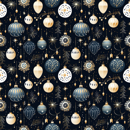 navy blue, cream, gold, christmas ornaments, baubles, snowflakes, stars, evergreen trees, polka dots, geometric patterns, repeating design, festive motifs, holiday theme, quilting cotton, fabric panel, winter decorations, ornate details, seamless pattern, christmas decor, metallic accents