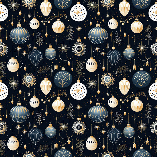 navy blue, cream, gold, christmas ornaments, baubles, snowflakes, stars, evergreen trees, polka dots, geometric patterns, repeating design, festive motifs, holiday theme, quilting cotton, fabric panel, winter decorations, ornate details, seamless pattern, christmas decor, metallic accents