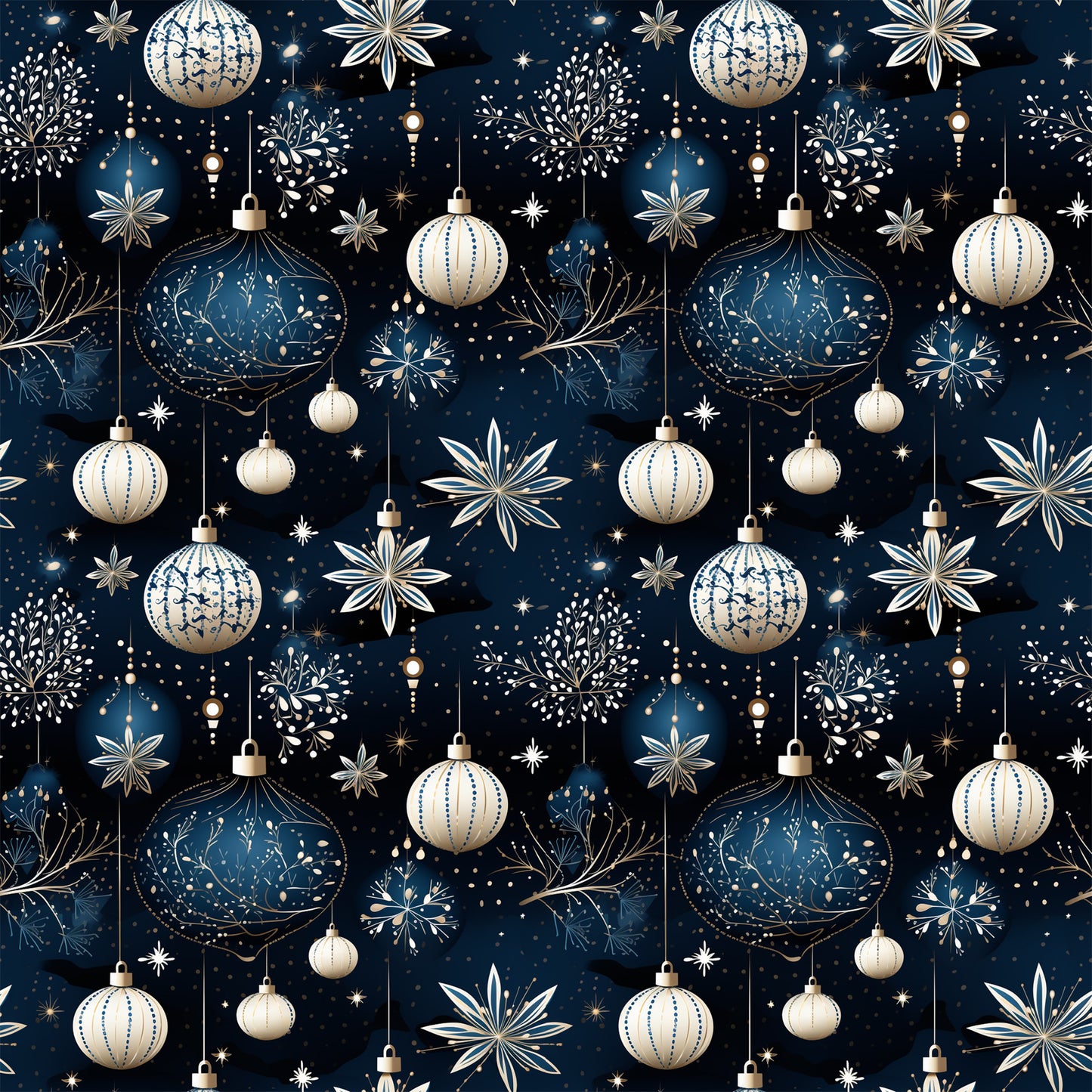 navy blue, cream, gold accents, christmas ornaments, baubles, snowflakes, stars, hanging decorations, repeating pattern, festive design, winter motif, metallic details, geometric ornaments, holiday theme, quilting cotton, fabric panel, seamless repeat, christmas decor, ornamental design, seasonal pattern