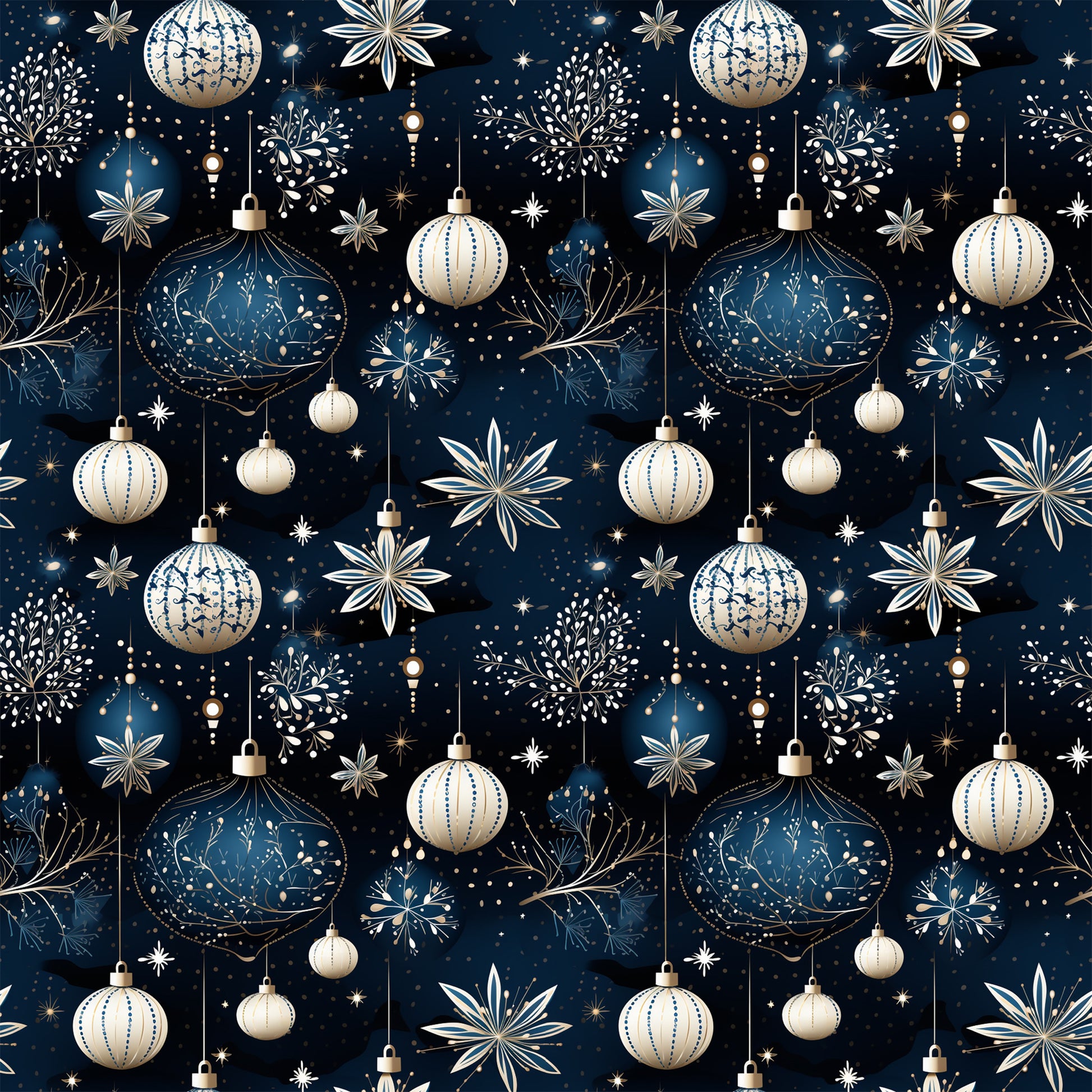 navy blue, cream, gold accents, christmas ornaments, baubles, snowflakes, stars, hanging decorations, repeating pattern, festive design, winter motif, metallic details, geometric ornaments, holiday theme, quilting cotton, fabric panel, seamless repeat, christmas decor, ornamental design, seasonal pattern