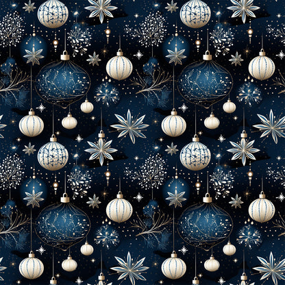 navy blue, cream, gold accents, christmas ornaments, baubles, snowflakes, stars, hanging decorations, repeating pattern, festive design, winter motif, metallic details, geometric ornaments, holiday theme, quilting cotton, fabric panel, seamless repeat, christmas decor, ornamental design, seasonal pattern