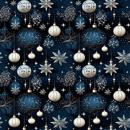 navy blue, cream, gold accents, christmas ornaments, baubles, snowflakes, stars, hanging decorations, repeating pattern, festive design, winter motif, metallic details, geometric ornaments, holiday theme, quilting cotton, fabric panel, seamless repeat, christmas decor, ornamental design, seasonal pattern