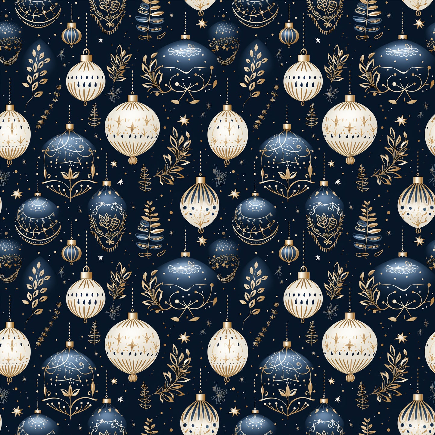 navy blue, cream, gold accents, christmas ornaments, baubles, decorative balls, botanical elements, leaves, branches, stars, repeating pattern, seamless design, quilting cotton, fabric panel, holiday theme, winter decor, elegant ornaments, festive motifs, geometric designs, intricate details