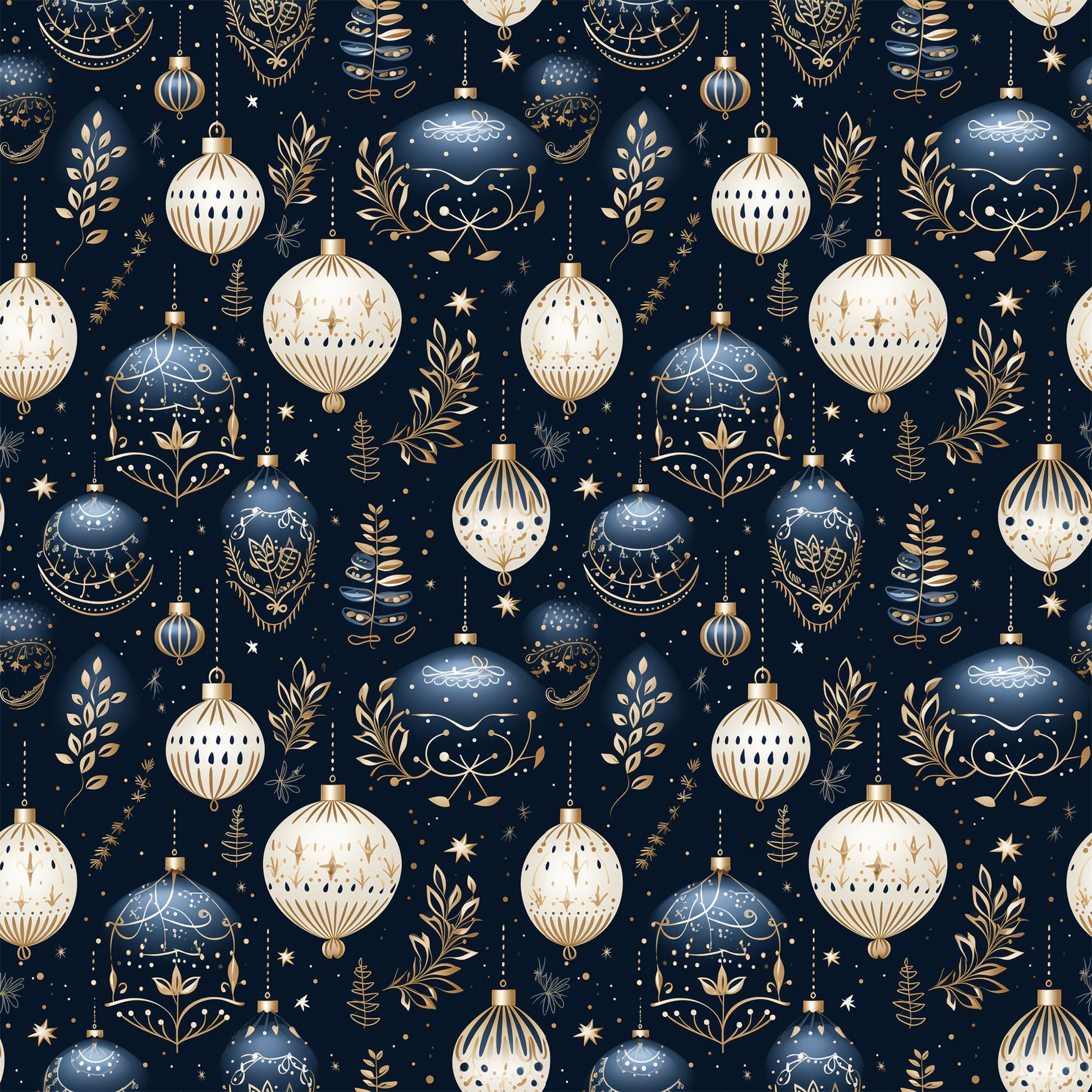 navy blue, cream, gold accents, christmas ornaments, baubles, decorative balls, botanical elements, leaves, branches, stars, repeating pattern, seamless design, quilting cotton, fabric panel, holiday theme, winter decor, elegant ornaments, festive motifs, geometric designs, intricate details