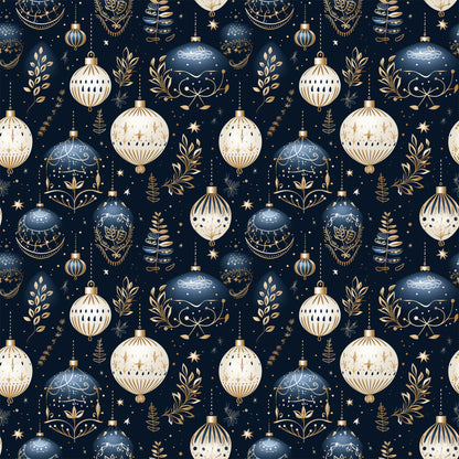navy blue, cream, gold accents, christmas ornaments, baubles, decorative balls, botanical elements, leaves, branches, stars, repeating pattern, seamless design, quilting cotton, fabric panel, holiday theme, winter decor, elegant ornaments, festive motifs, geometric designs, intricate details