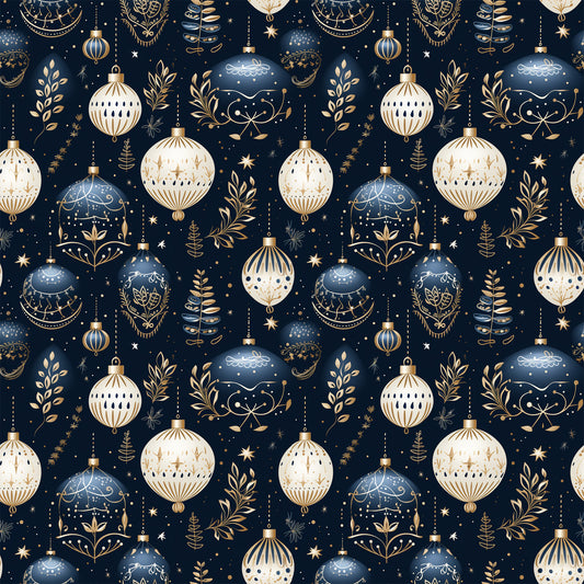 navy blue, cream, gold accents, christmas ornaments, baubles, decorative balls, botanical elements, leaves, branches, stars, repeating pattern, seamless design, quilting cotton, fabric panel, holiday theme, winter decor, elegant ornaments, festive motifs, geometric designs, intricate details