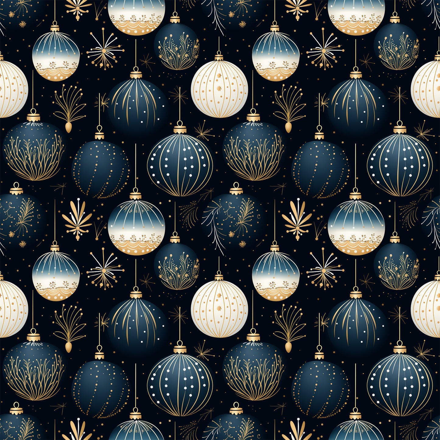 navy blue, cream, gold, christmas ornaments, baubles, decorative balls, fireworks, starbursts, geometric patterns, dots, stripes, floral motifs, festive design, holiday theme, quilting cotton, fabric panel, seamless pattern, elegant ornaments, winter decorations, christmas crafting