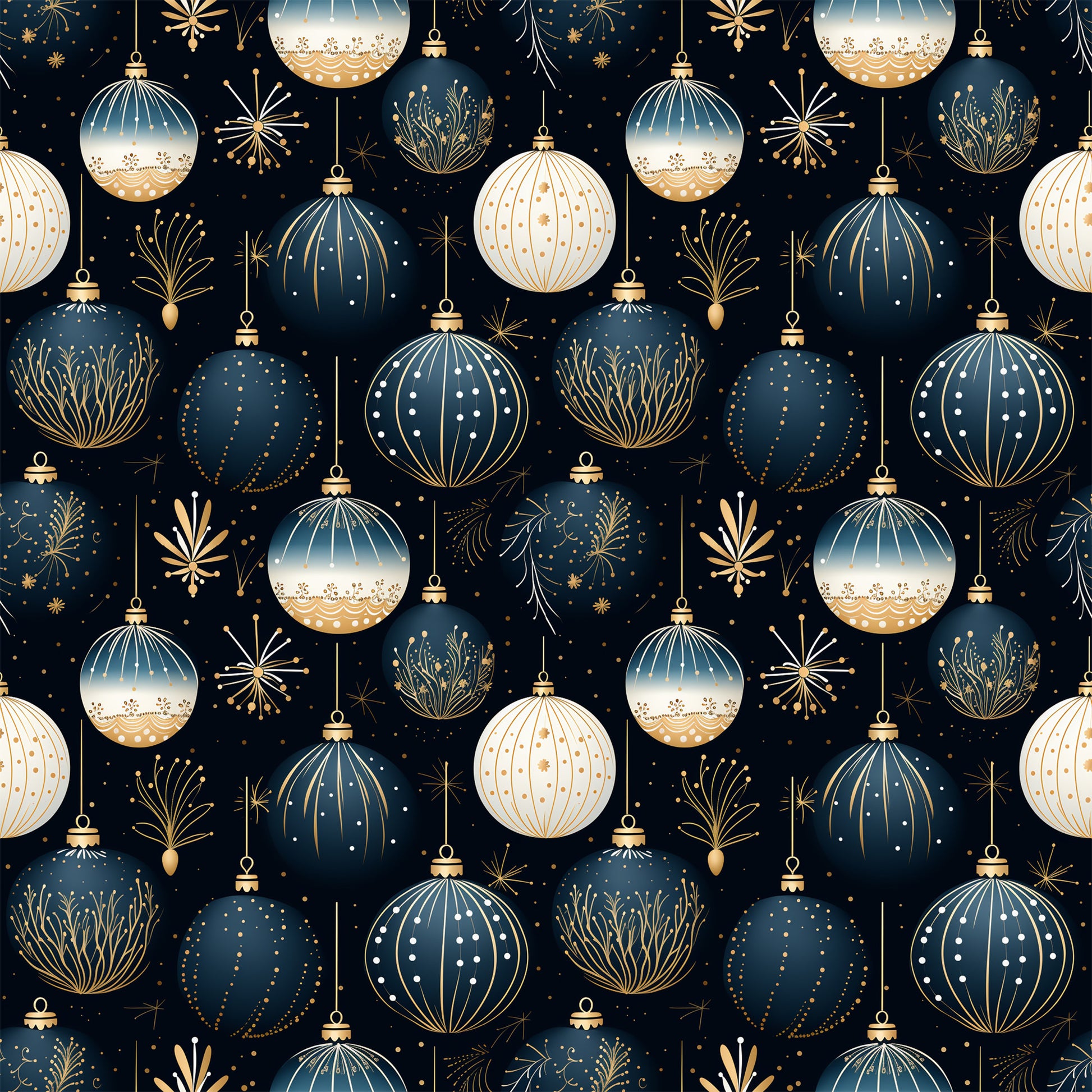 navy blue, cream, gold, christmas ornaments, baubles, decorative balls, fireworks, starbursts, geometric patterns, dots, stripes, floral motifs, festive design, holiday theme, quilting cotton, fabric panel, seamless pattern, elegant ornaments, winter decorations, christmas crafting