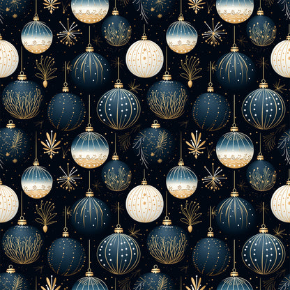 navy blue, cream, gold, christmas ornaments, baubles, decorative balls, fireworks, starbursts, geometric patterns, dots, stripes, floral motifs, festive design, holiday theme, quilting cotton, fabric panel, seamless pattern, elegant ornaments, winter decorations, christmas crafting