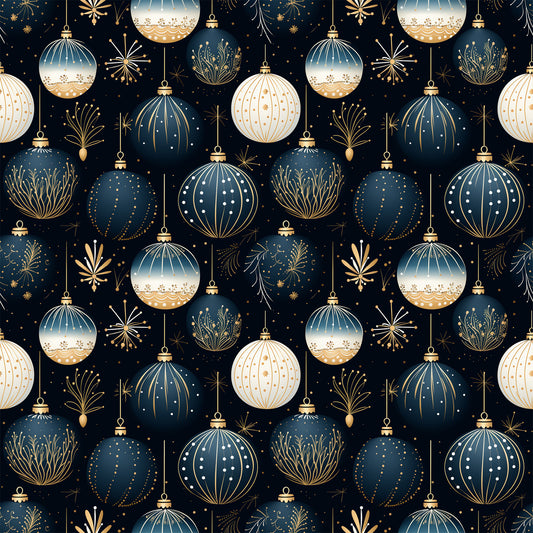 navy blue, cream, gold, christmas ornaments, baubles, decorative balls, fireworks, starbursts, geometric patterns, dots, stripes, floral motifs, festive design, holiday theme, quilting cotton, fabric panel, seamless pattern, elegant ornaments, winter decorations, christmas crafting