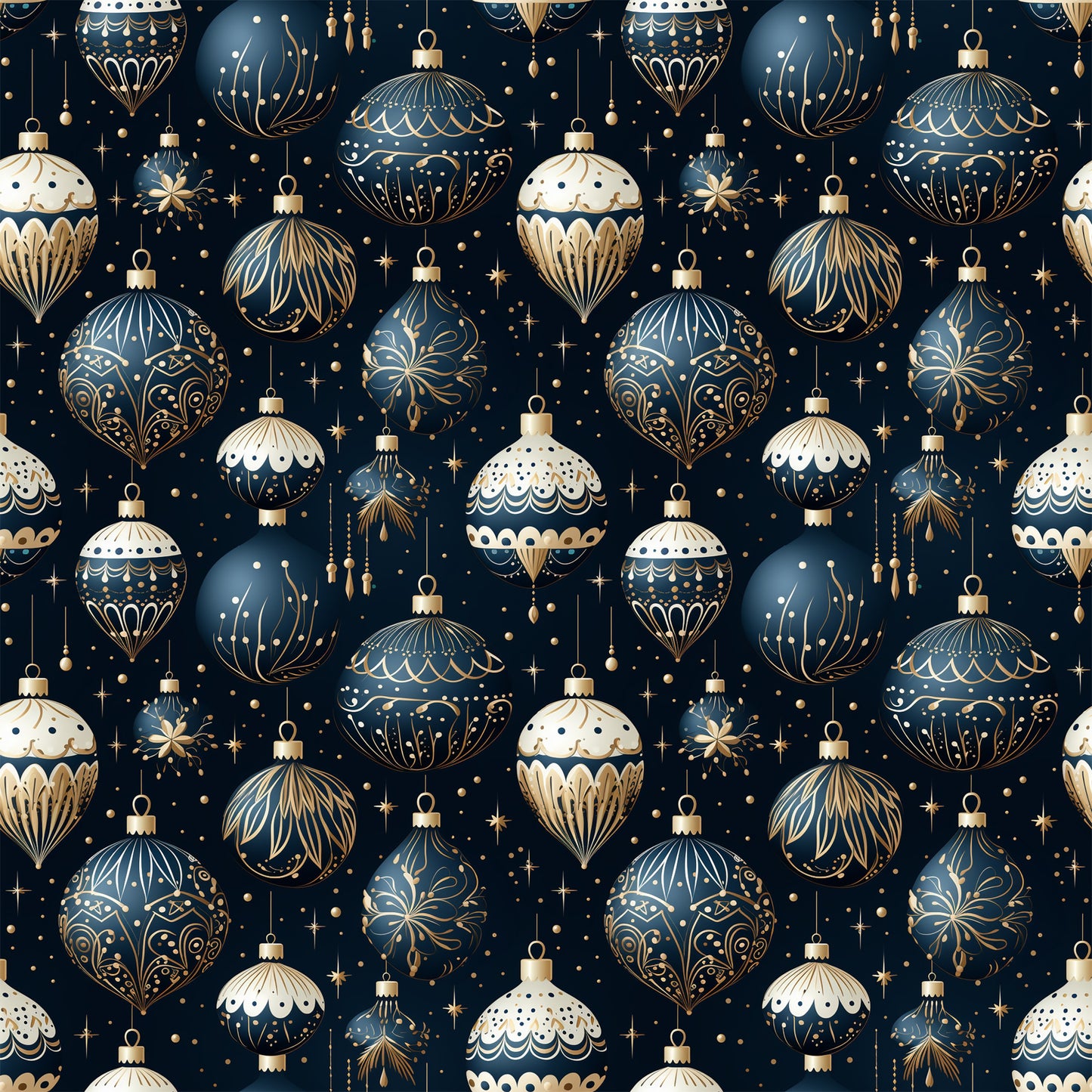 navy blue, cream white, gold accents, christmas ornaments, baubles, decorative balls, intricate patterns, festive design, holiday motifs, stars, sparkles, elegant ornaments, repeating pattern, quilting cotton, fabric panel, christmas fabric, winter holidays, ornate decorations, geometric designs, scalloped edges