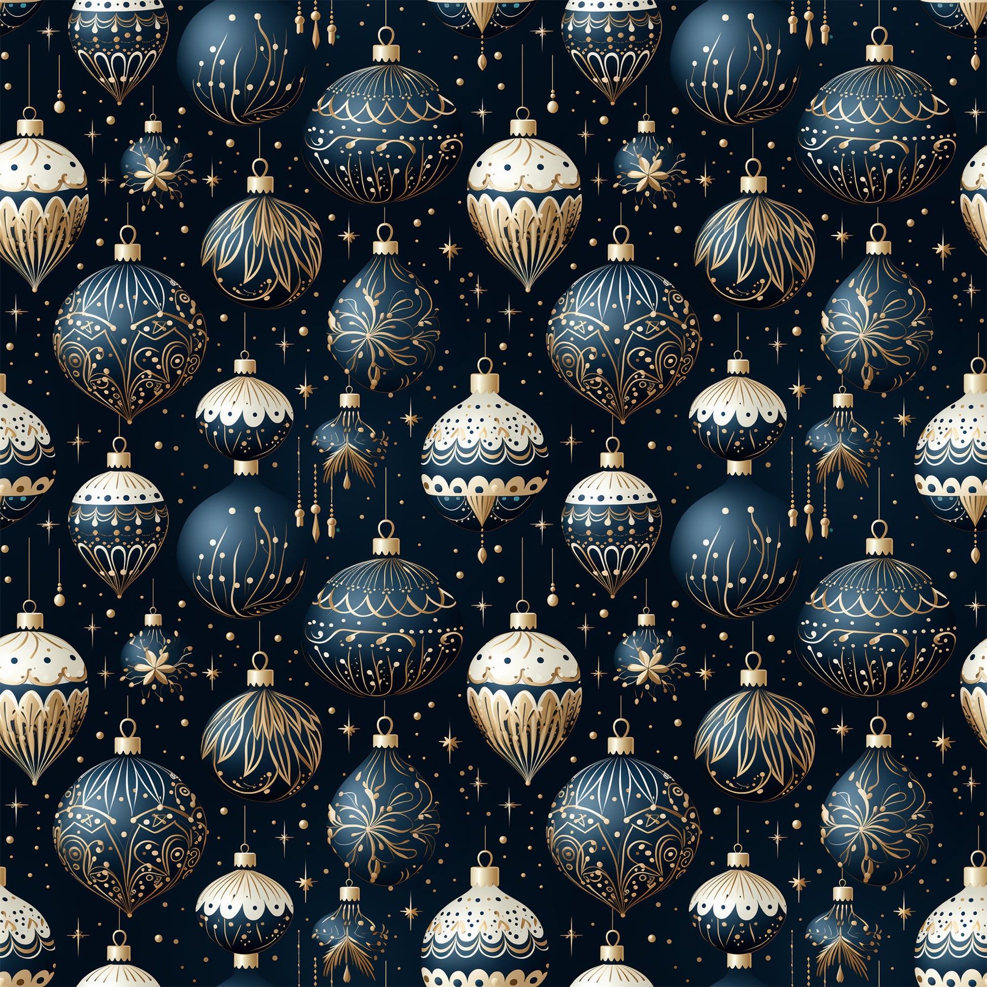 navy blue, cream white, gold accents, christmas ornaments, baubles, decorative balls, intricate patterns, festive design, holiday motifs, stars, sparkles, elegant ornaments, repeating pattern, quilting cotton, fabric panel, christmas fabric, winter holidays, ornate decorations, geometric designs, scalloped edges