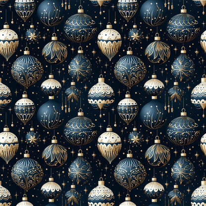 navy blue, cream white, gold accents, christmas ornaments, baubles, decorative balls, intricate patterns, festive design, holiday motifs, stars, sparkles, elegant ornaments, repeating pattern, quilting cotton, fabric panel, christmas fabric, winter holidays, ornate decorations, geometric designs, scalloped edges
