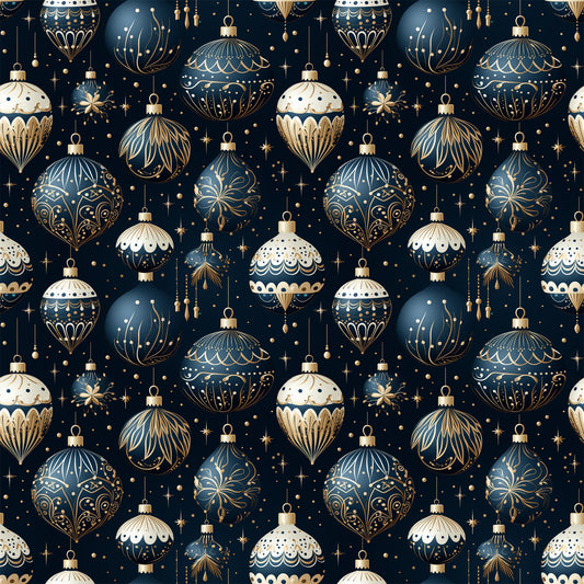 navy blue, cream white, gold accents, christmas ornaments, baubles, decorative balls, intricate patterns, festive design, holiday motifs, stars, sparkles, elegant ornaments, repeating pattern, quilting cotton, fabric panel, christmas fabric, winter holidays, ornate decorations, geometric designs, scalloped edges
