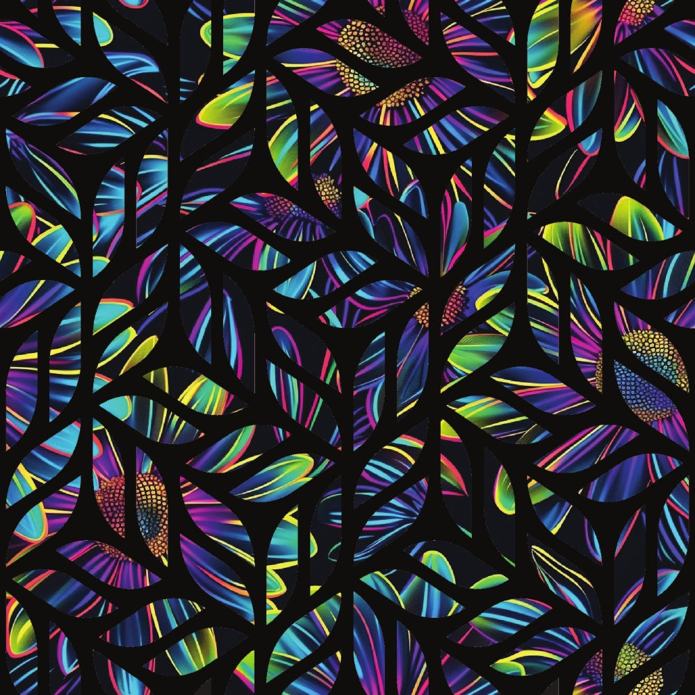 - Neon Daisy Pattern 29 Quilting Cotton Fabric  
- Vibrant multicolor floral design  
- Bright yellow, green, blue, purple hues  
- Abstract leaf shapes  
- Cotton textile for quilting  
- Contemporary colorful botanical print  
- Dark background with vivid accents  
- Lightweight quilting fabric material