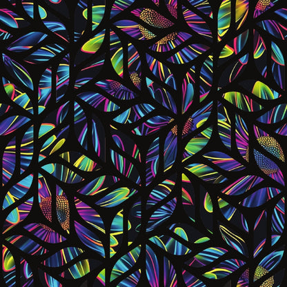 - Neon Daisy Pattern 29 Quilting Cotton Fabric  
- Vibrant colorful floral design  
- Bright neon hues  
- Multicolor petals and leaves  
- Dark background contrast  
- Cotton textile material  
- Quilting fabric for crafts  
- Radiant stripes and spots  
- Artistic modern botanical motif