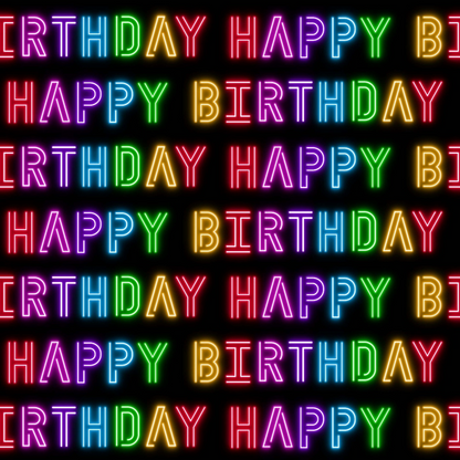 Neon-style HAPPY BIRTHDAY text repeated in rows with vibrant colors on a black background.