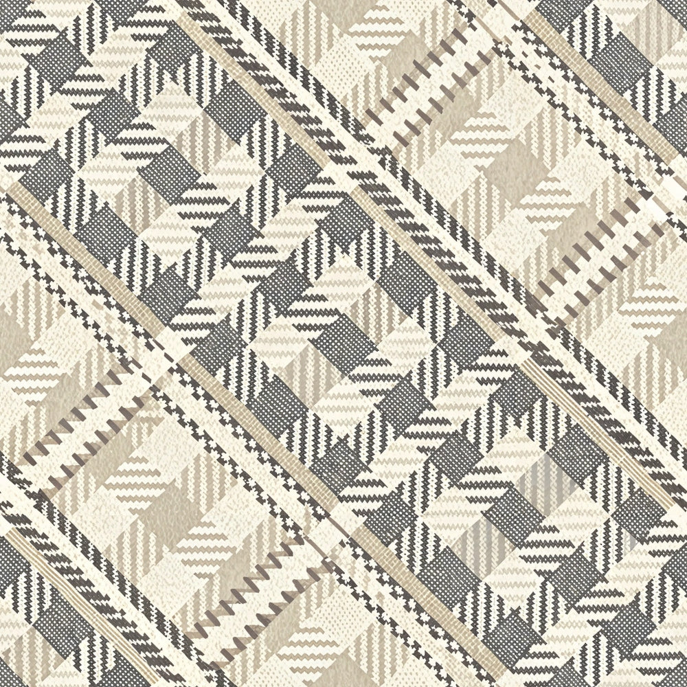 beige, cream, brown, gray, houndstooth, geometric pattern, chevron, zigzag, diagonal stripes, neutral tones, quilting cotton, fabric panel, woven texture, repeating motifs, earth tones, monochromatic, angular design, textile pattern, cotton fabric, geometric blocks