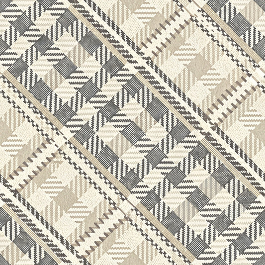 beige, cream, brown, gray, houndstooth, geometric pattern, chevron, zigzag, diagonal stripes, neutral tones, quilting cotton, fabric panel, woven texture, repeating motifs, earth tones, monochromatic, angular design, textile pattern, cotton fabric, geometric blocks