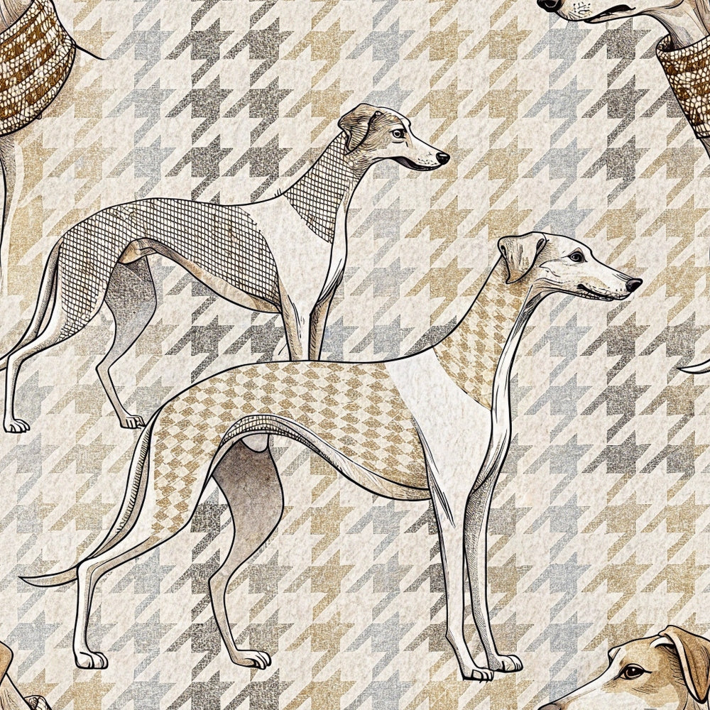 greyhound dogs, whippet, sighthound, beige, tan, cream, gray, houndstooth pattern, geometric background, neutral tones, quilting cotton, fabric panel, elegant canines, racing dogs, crosshatch texture, monochromatic, earth tones, dog breeds, textile design, crafting fabric