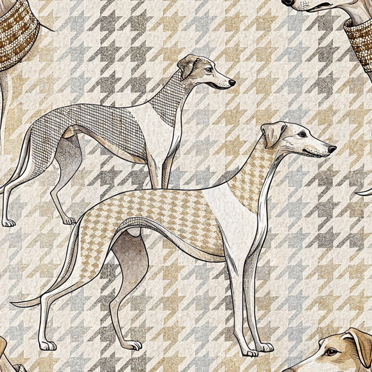 greyhound dogs, whippet, sighthound, beige, tan, cream, gray, houndstooth pattern, geometric background, neutral tones, quilting cotton, fabric panel, elegant canines, racing dogs, crosshatch texture, monochromatic, earth tones, dog breeds, textile design, crafting fabric