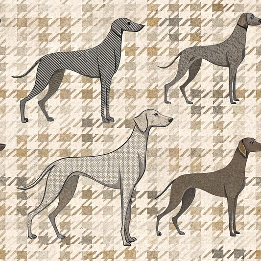 neutral colors, beige, tan, cream, gray, houndstooth pattern, geometric background, dog silhouettes, greyhound, whippet, sighthound, fabric panel, quilting cotton, stippled texture, diagonal lines, canine motifs, pet themed, elegant dogs, standing pose, artistic illustration, animal fabric