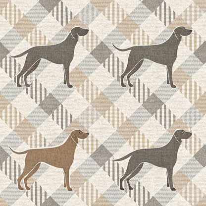 neutral colors, beige, gray, cream, taupe, houndstooth pattern, geometric design, dog silhouettes, hunting dogs, pointer dogs, chevron background, quilting cotton, fabric panel, repeating pattern, earth tones, stylized animals, modern geometric, muted palette, diamond shapes, striped elements