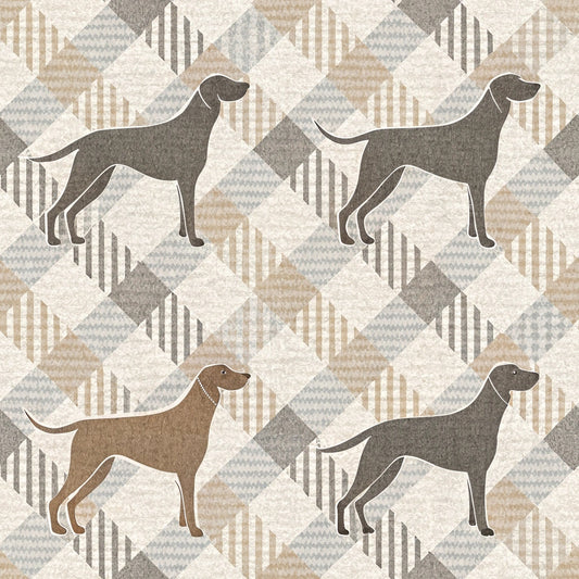neutral colors, beige, gray, cream, taupe, houndstooth pattern, geometric design, dog silhouettes, hunting dogs, pointer dogs, chevron background, quilting cotton, fabric panel, repeating pattern, earth tones, stylized animals, modern geometric, muted palette, diamond shapes, striped elements