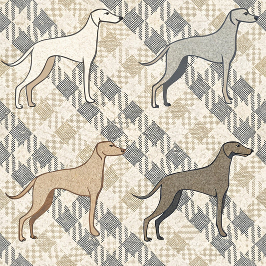 neutral tones, beige, cream, taupe, gray, houndstooth pattern, geometric background, greyhound silhouettes, dog breed, whippet, sighthound, minimalist style, elegant design, quilting cotton, fabric panel, sophisticated palette, modern aesthetic, pet theme, canine motif, textile design