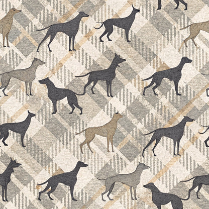beige, taupe, cream, gray, greyhound silhouettes, dog breeds, geometric hexagons, neutral tones, quilting cotton, fabric panel, animal motifs, sighthounds, whippets, modern pattern, racing dogs, pet themed, contemporary design, muted colors, repeating pattern