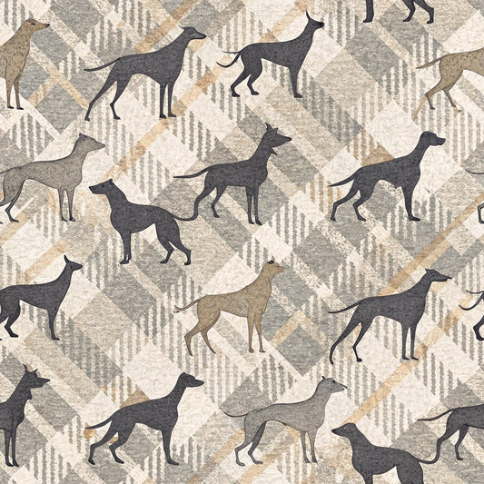 beige, taupe, cream, gray, greyhound silhouettes, dog breeds, geometric hexagons, neutral tones, quilting cotton, fabric panel, animal motifs, sighthounds, whippets, modern pattern, racing dogs, pet themed, contemporary design, muted colors, repeating pattern