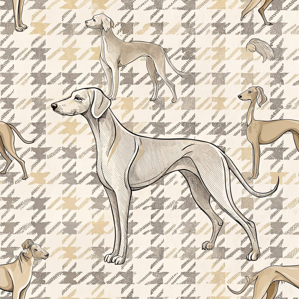 beige, tan, cream, houndstooth pattern, greyhound dogs, whippet illustration, line art, sketched style, geometric background, neutral tones, quilting cotton, fabric panel, dog breeds, minimalist design, repetitive pattern, sighthounds, elegant pose, standing dogs, textile design, crafting material