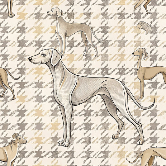 beige, tan, cream, houndstooth pattern, greyhound dogs, whippet illustration, line art, sketched style, geometric background, neutral tones, quilting cotton, fabric panel, dog breeds, minimalist design, repetitive pattern, sighthounds, elegant pose, standing dogs, textile design, crafting material