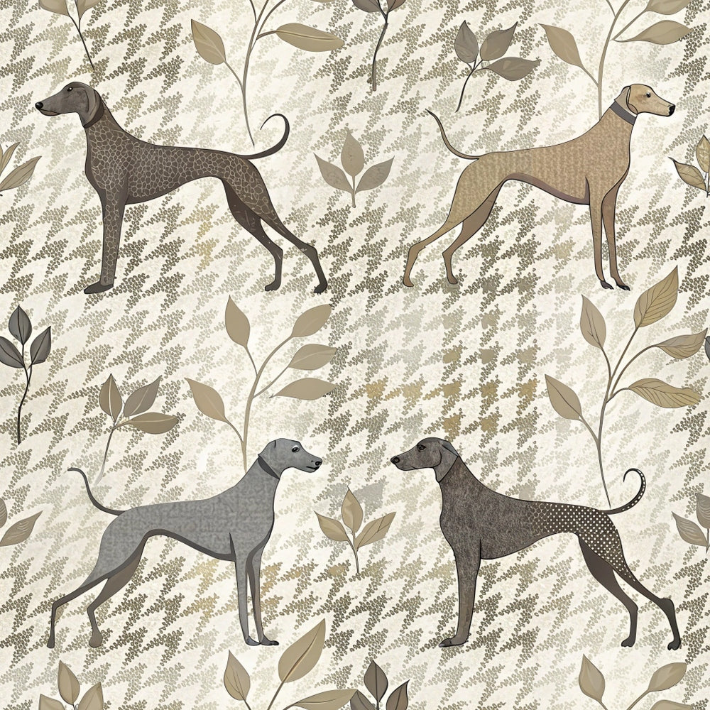 beige, taupe, cream, greyhounds, whippets, sighthounds, botanical leaves, fern patterns, neutral tones, elegant dogs, quilting cotton, fabric panel, nature motifs, earthy palette, dog silhouettes, refined aesthetic, muted colors, organic shapes, graceful hounds, textured background
