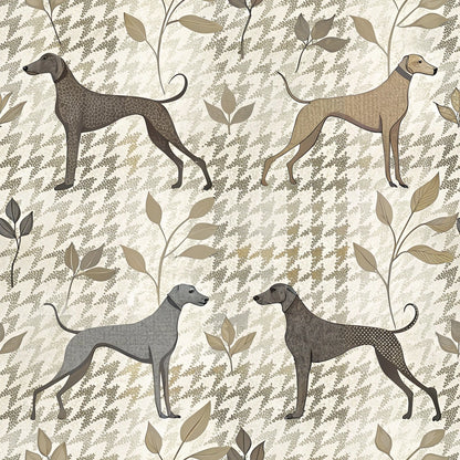 beige, taupe, cream, greyhounds, whippets, sighthounds, botanical leaves, fern patterns, neutral tones, elegant dogs, quilting cotton, fabric panel, nature motifs, earthy palette, dog silhouettes, refined aesthetic, muted colors, organic shapes, graceful hounds, textured background