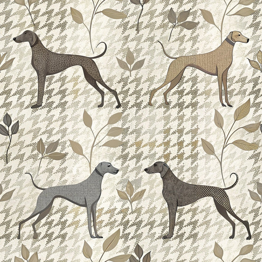 beige, taupe, cream, greyhounds, whippets, sighthounds, botanical leaves, fern patterns, neutral tones, elegant dogs, quilting cotton, fabric panel, nature motifs, earthy palette, dog silhouettes, refined aesthetic, muted colors, organic shapes, graceful hounds, textured background