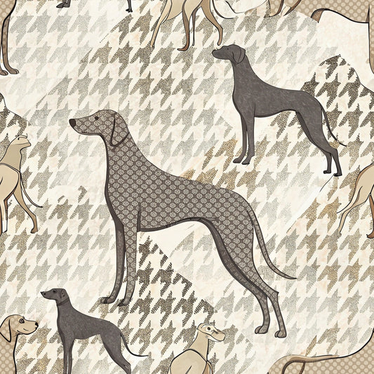 neutral colors, houndstooth pattern, greyhound silhouettes, dog breeds, beige, taupe, gray, cream, geometric background, quilting cotton, fabric panel, elegant dogs, canine motifs, sophisticated pattern, textile design, sighthounds, animal silhouettes, muted tones, repeating pattern