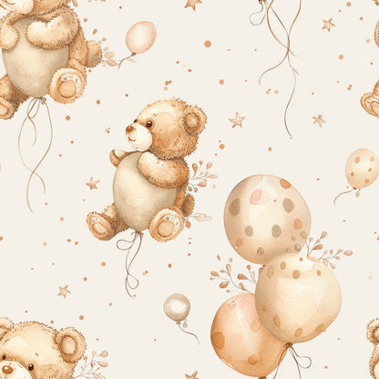 Pattern of teddy bears holding balloons with stars and dots on a light background.