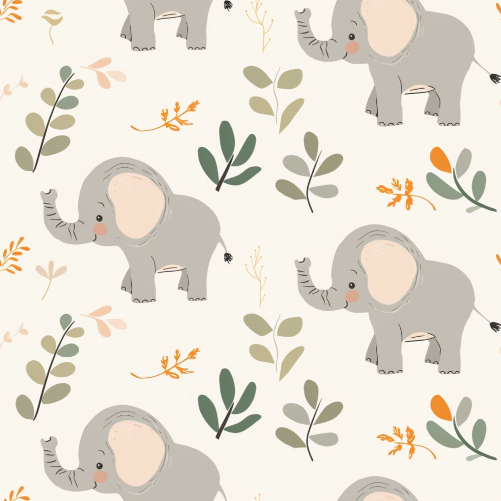 Pattern of cartoon elephants and leaves on a light background. Elephants face different directions, interspersed with various green and orange leaves.