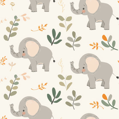 Pattern of cartoon elephants and leaves on a light background. Elephants face different directions, interspersed with various green and orange leaves.