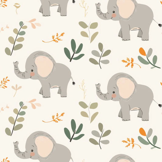 Pattern of cartoon elephants and leaves on a light background. Elephants face different directions, interspersed with various green and orange leaves.