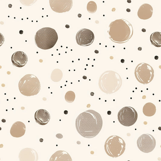 Pattern with various-sized beige and brown circles and dots on a light background.