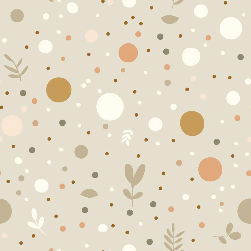 Pattern with various sized circles in beige, orange, and white, interspersed with small dots and abstract leaf shapes on a light beige background.