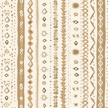 Abstract pattern with vertical lines featuring geometric shapes, dots, zigzags, and organic motifs in earthy tones on a cream background.