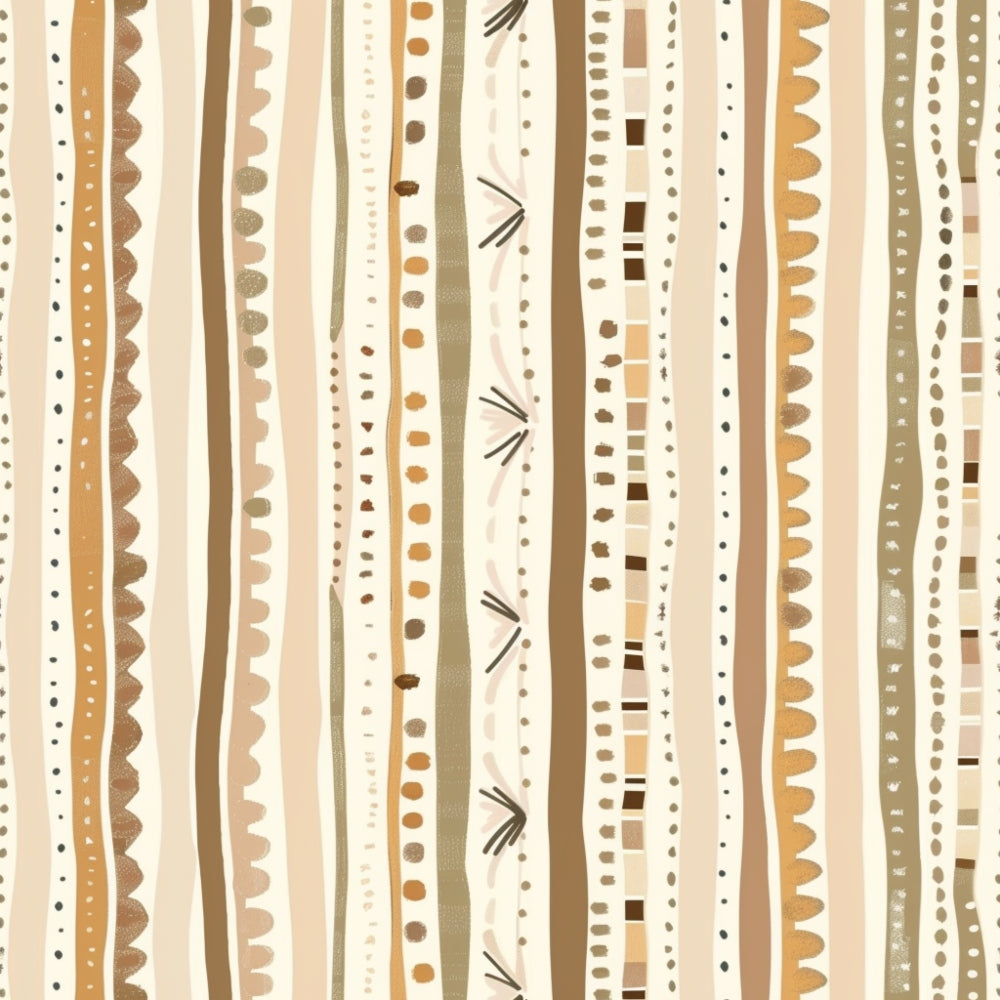 Abstract pattern with vertical wavy lines and dot rows in beige, brown, and cream tones on a light background.