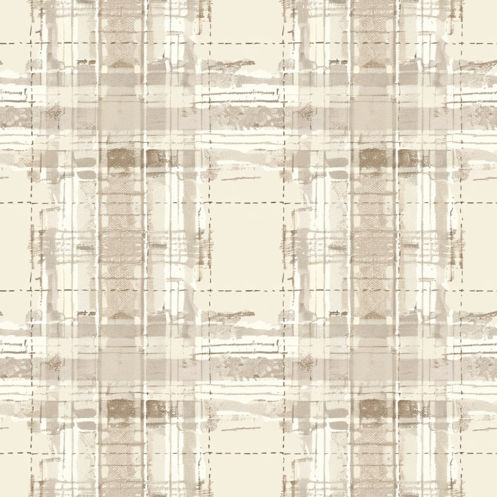 A beige and cream plaid pattern with textured vertical and horizontal lines, intersecting at various points, creating a grid-like design.