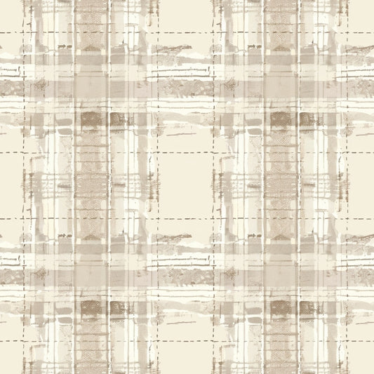 A beige and cream plaid pattern with textured vertical and horizontal lines, intersecting at various points, creating a grid-like design.