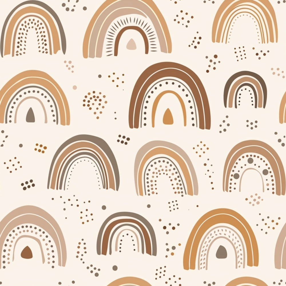 Pattern of hand-drawn rainbows in earthy tones with dotted and dashed accents on a beige background.