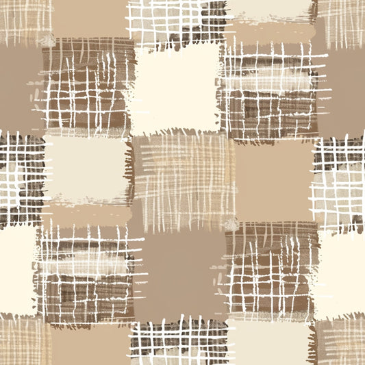 A beige and brown patchwork pattern featuring crisscross and grid-like designs on each square.