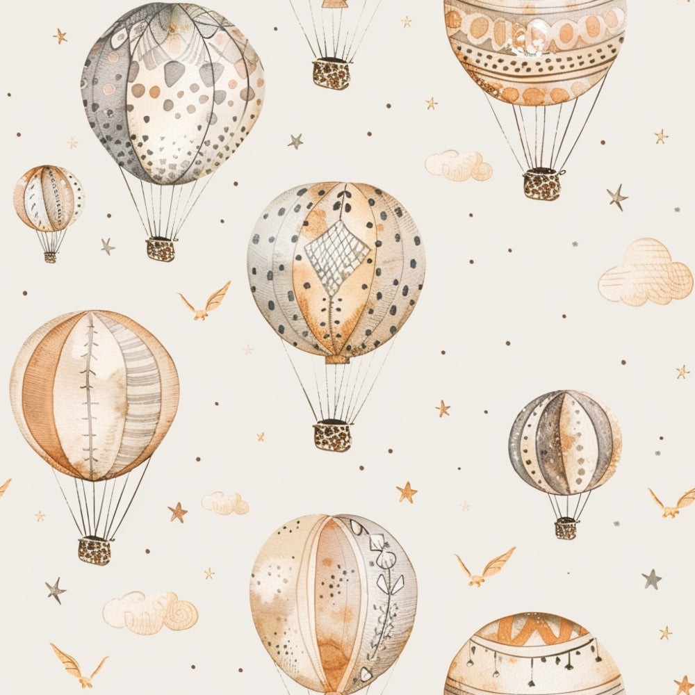 Illustrated pattern of hot air balloons in beige and gray tones, floating among clouds, stars, and birds on a light background.